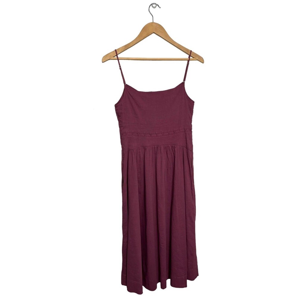 Theory Linen Spaghetti Strap V Neck Fit Flare Lattice Pockets Dress Plum 2 - Picture 9 of 13